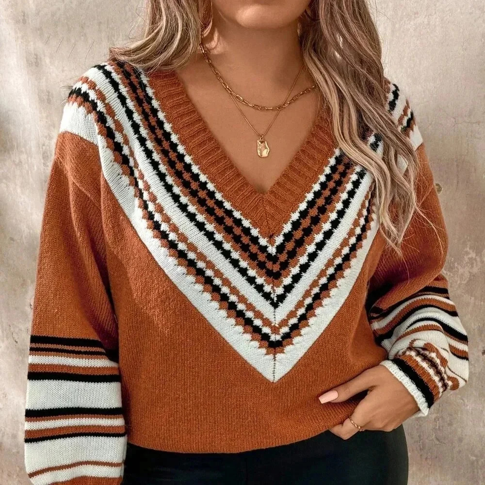 Orange Casual Women's Plus Size Knitted Loose Colorblock V-Neck Pullover Sweater - Picture 7 of 8